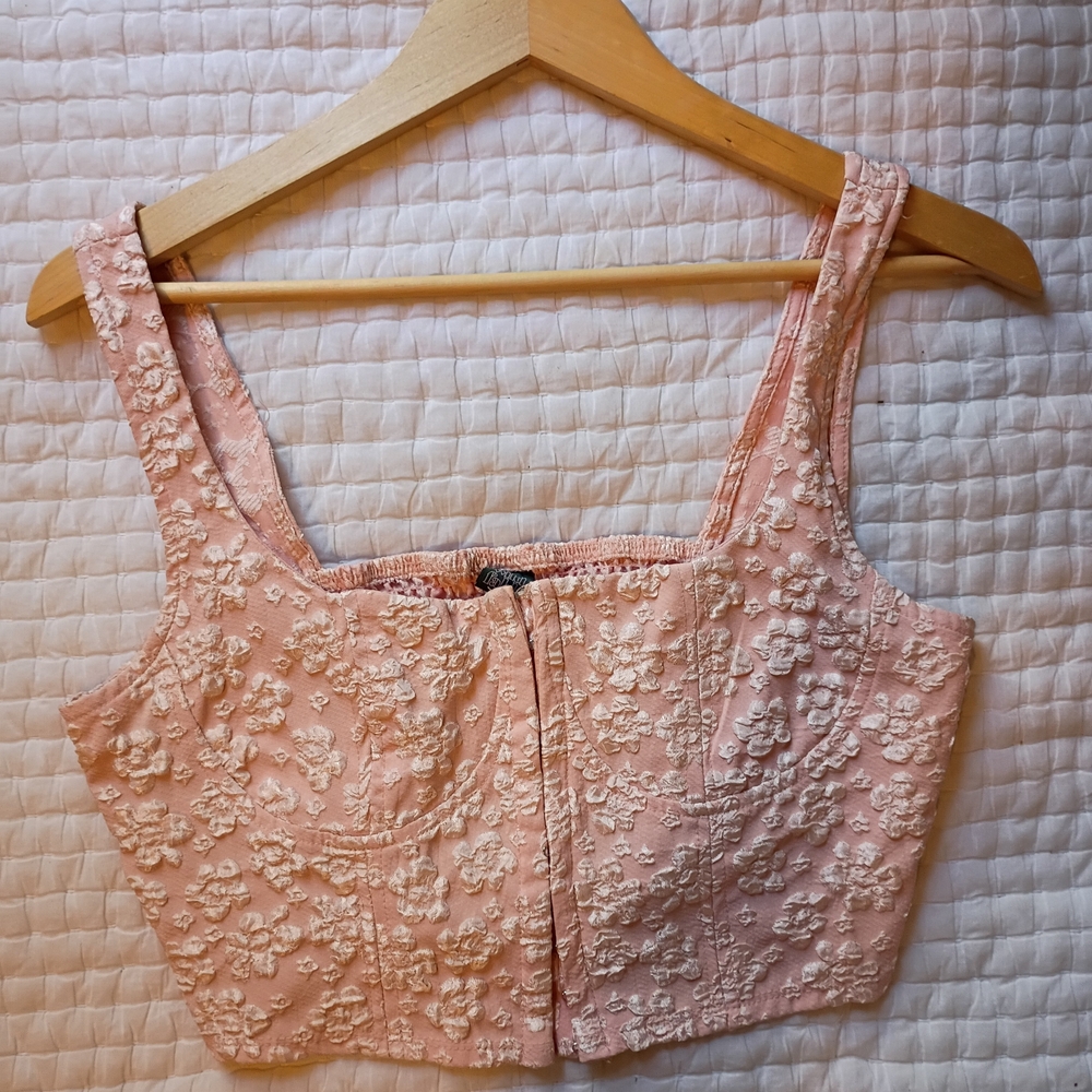 Blush Pink Floral Embroidered Cropped Tank Top